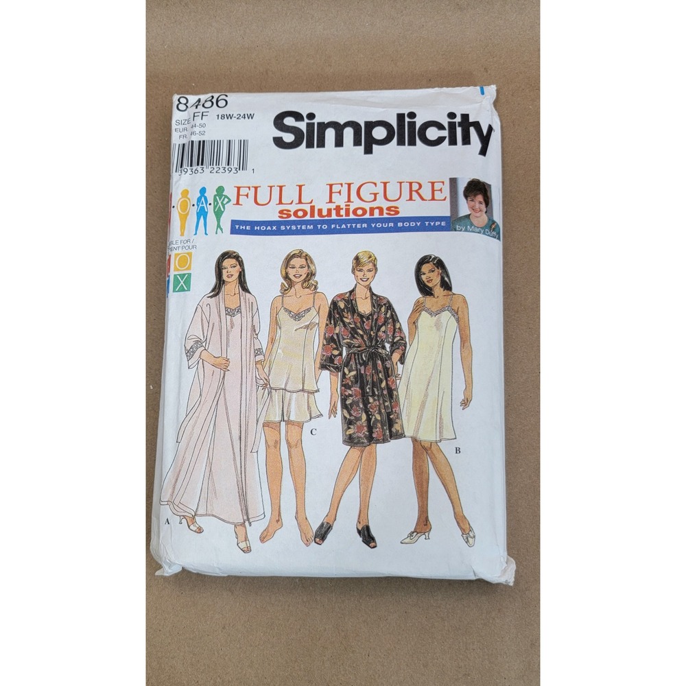 Simplicity 8486 Sewing Pattern Plus Size Robe Nightgown Cami Tap Pants 18W-24W